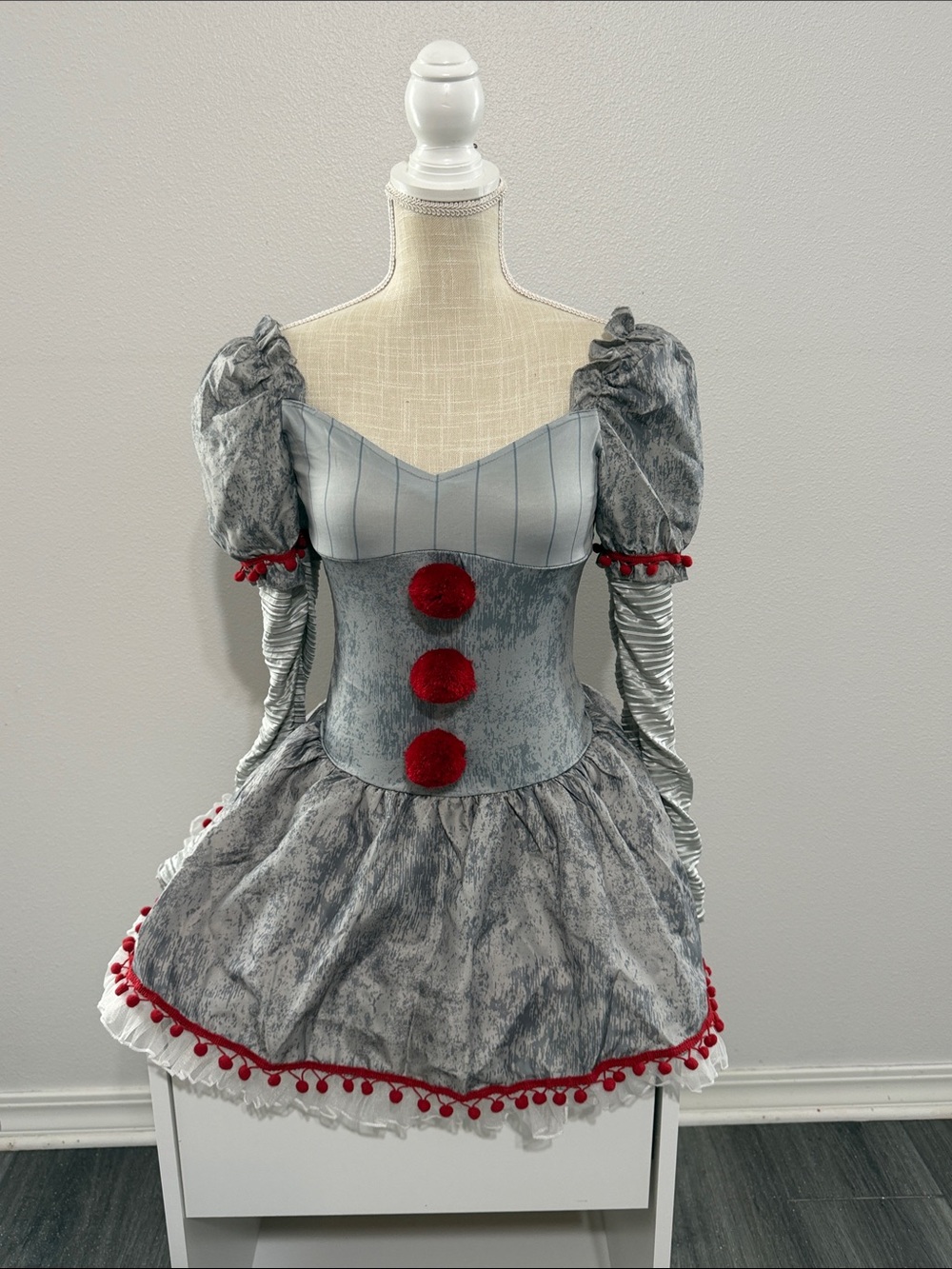 Penny Wise Grey and Red Clown Costume Dress with Pom Details